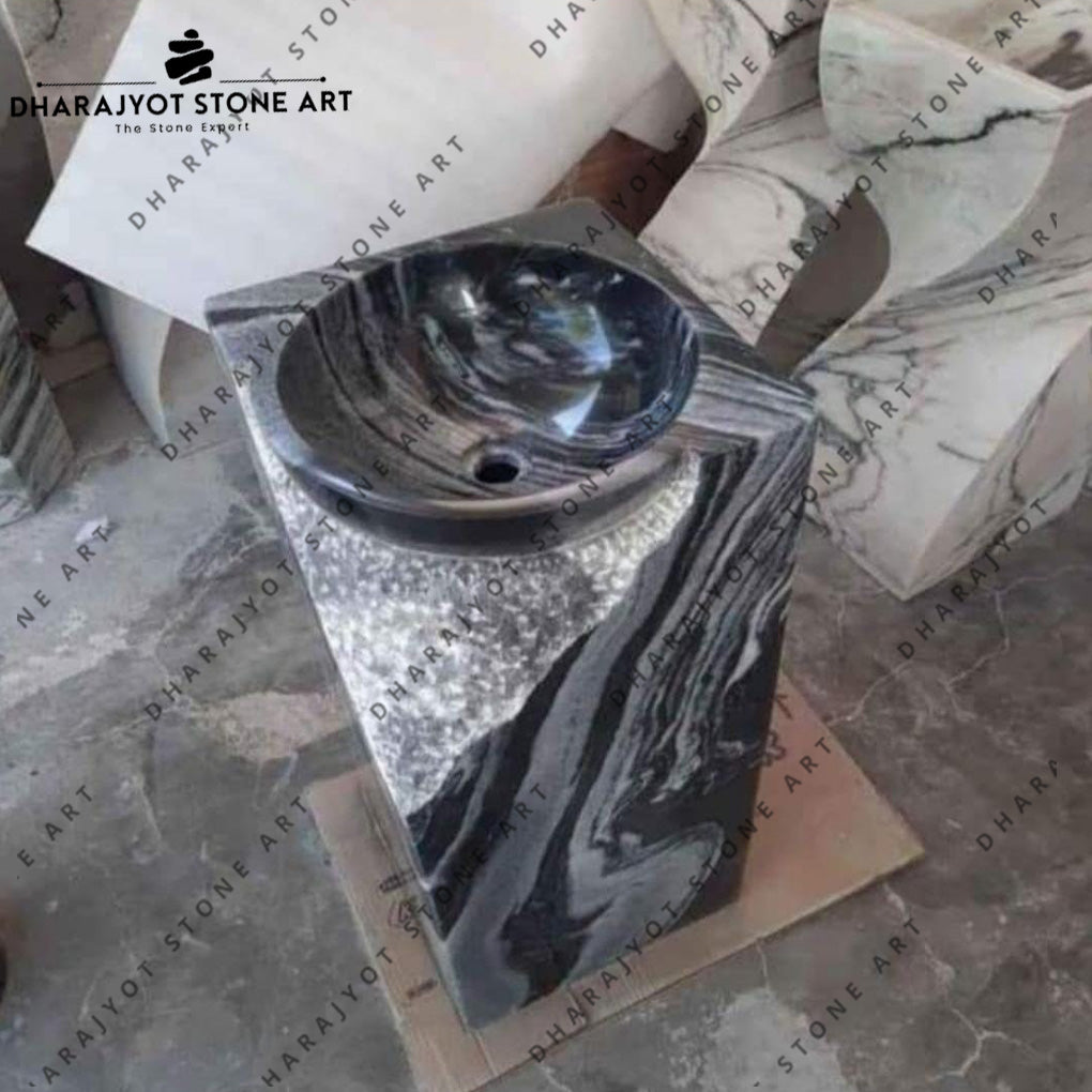 Handcrafted Modern Blue Marble Pedestal Wash Basin