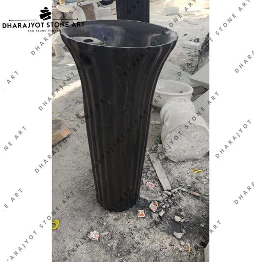 Hand-Carved from Solid Natural Black Marble Freestanding Pedestal Wash Basin