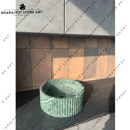 Luxury Hand-Carved Green Round Marble Stone Washbasin