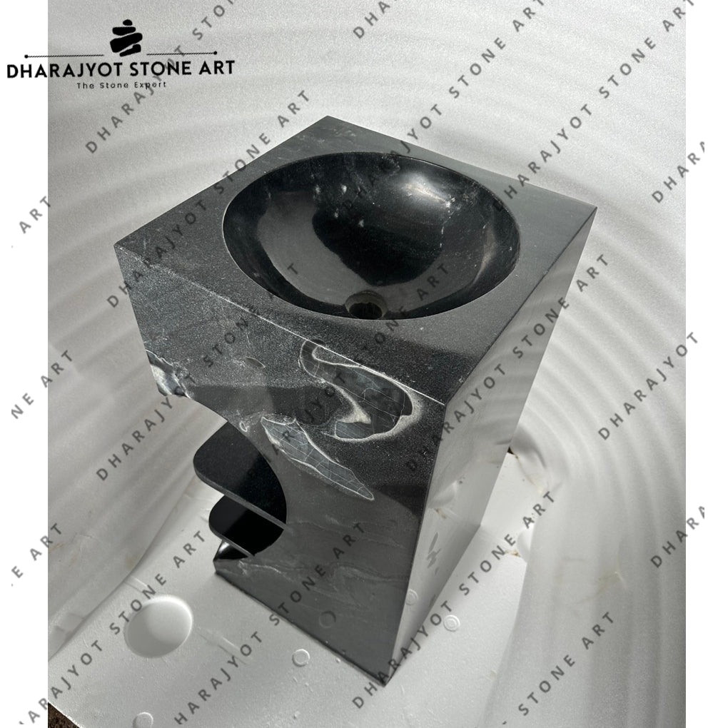 Modern Hand-Carved Polished Black Marble Pedestal Washbasin