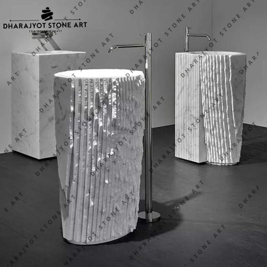 Indoor Natural White Marble Free Standing Pedestal Bathroom Sink