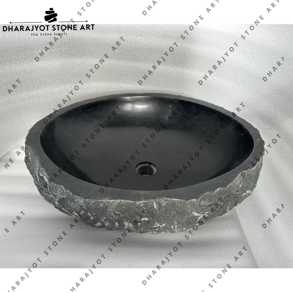 Modern Black Basalt Stone Handcrafted Oval Countertop Wash Basin
