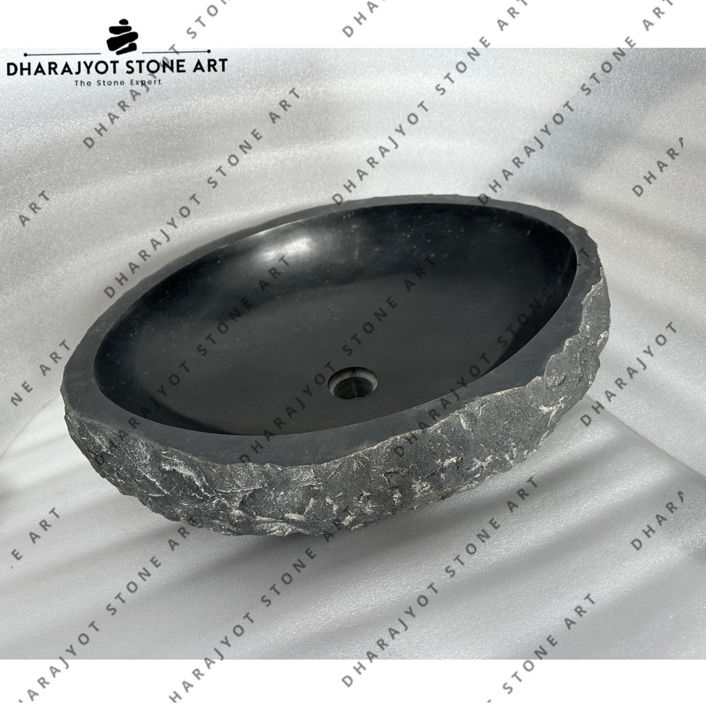 Modern Black Basalt Stone Handcrafted Oval Countertop Wash Basin