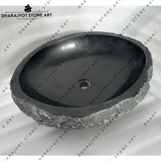 Modern Black Basalt Stone Handcrafted Oval Countertop Wash Basin