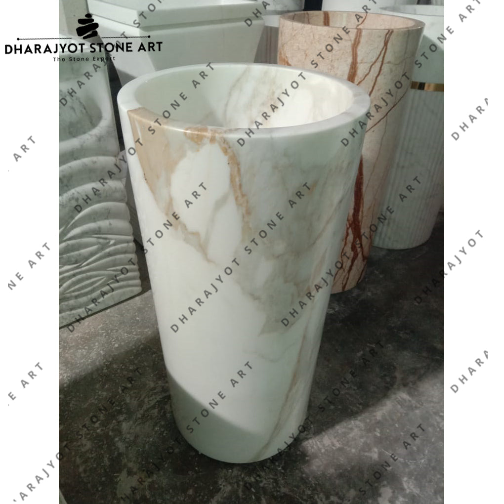 Elegant Round Hand-Carved Marble Pedestal Wash Basin
