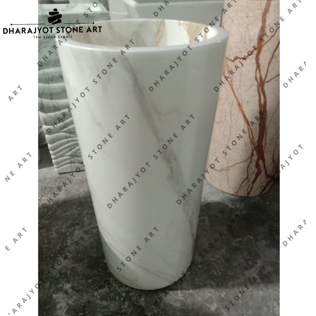 Elegant Round Hand-Carved Marble Pedestal Wash Basin