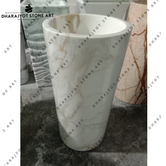 Elegant Round Hand-Carved Marble Pedestal Wash Basin