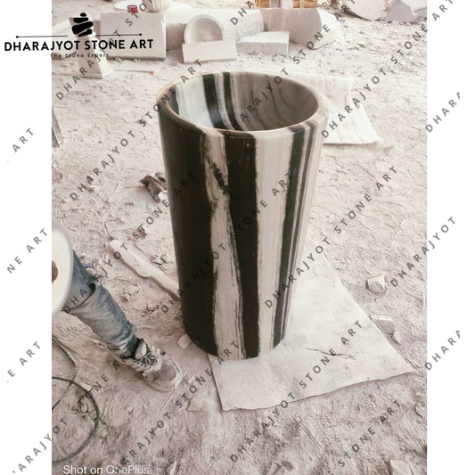 Bold Black & White Handcrafted Natural Stone Pedestal Wash Basin
