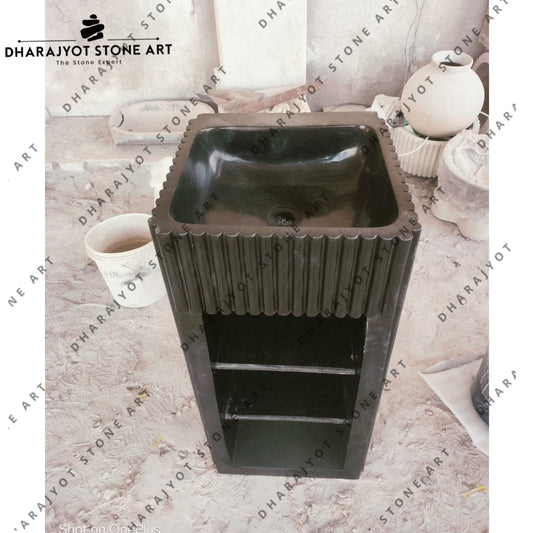 Modern Square Black Marble Stone Storage Section Pedestal Wash Basin