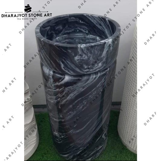 Rich Blue Tone With Natural Flowing White Freestanding Marble Pedestal Wash Basin