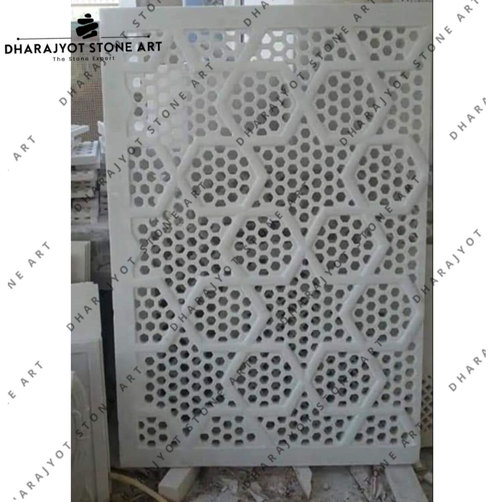 Modern Handcrafted Geometric White Stone Jali Screen