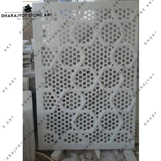 Modern Handcrafted Geometric White Stone Jali Screen