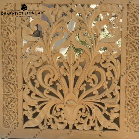 Decorative Hand-Carved Sandstone Floral Jali Screen
