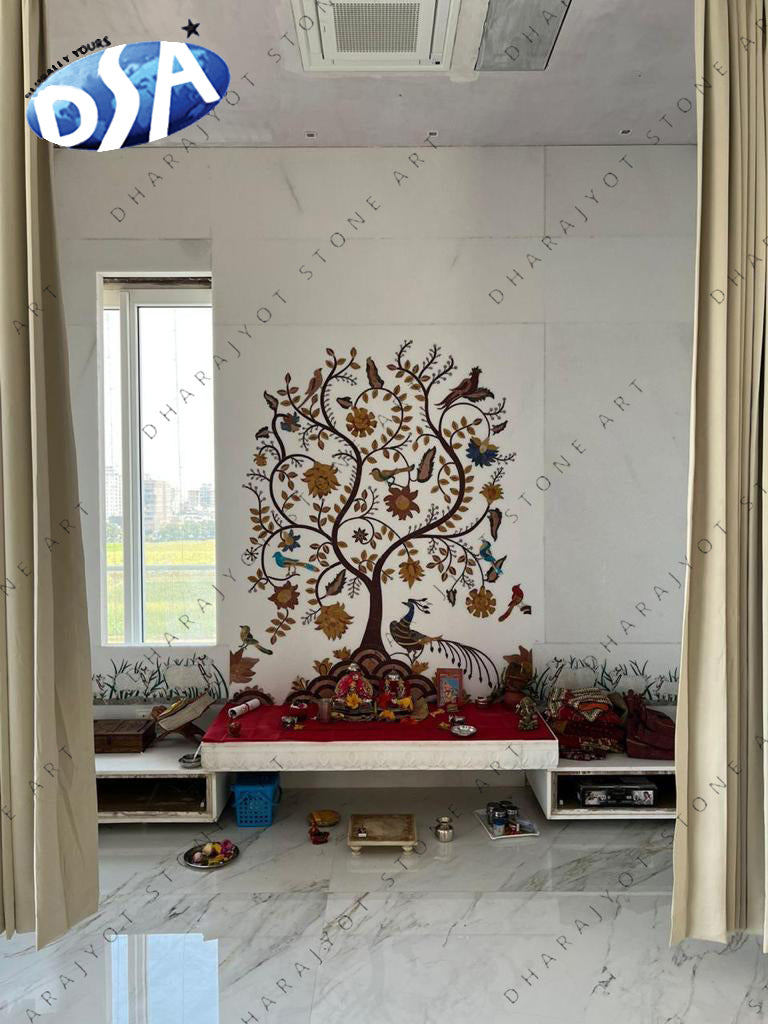 Inlay Flower Work Design Polished White Marble Mandir