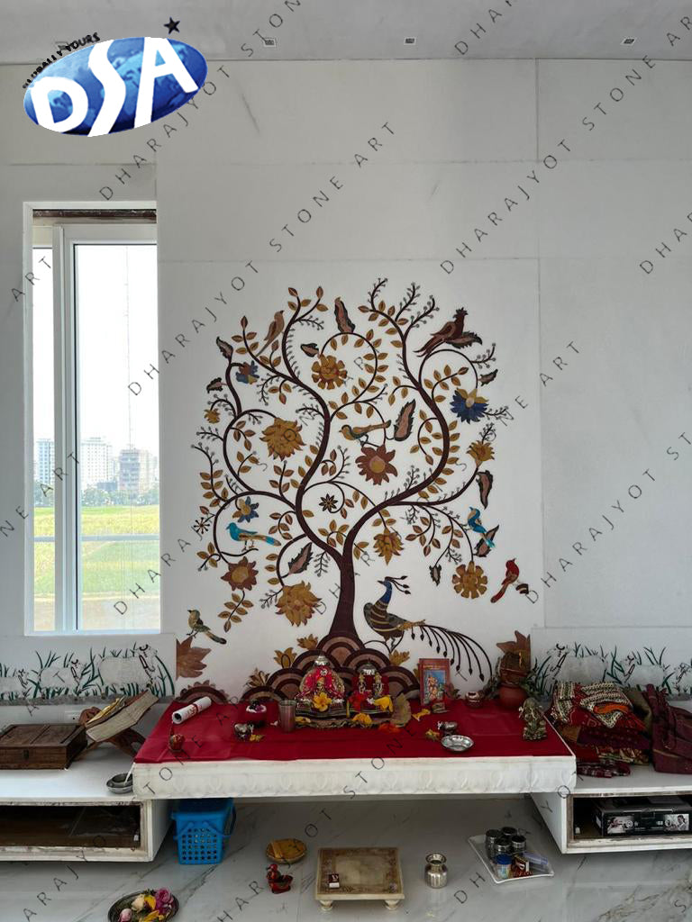 Inlay Flower Work Design Polished White Marble Mandir