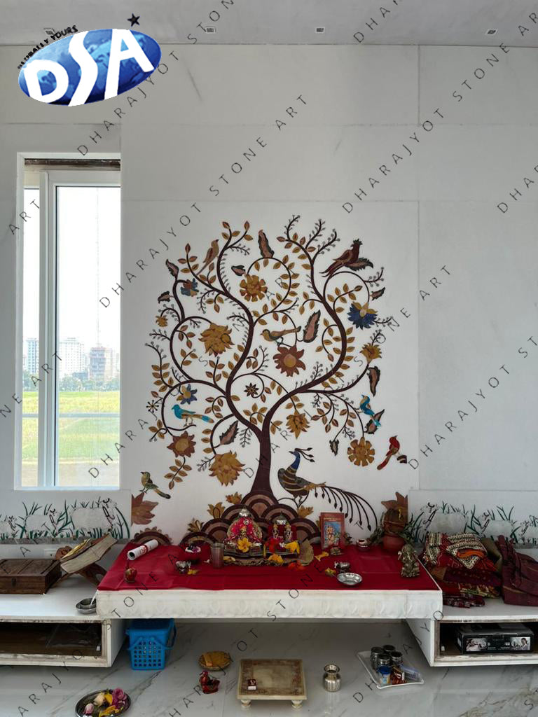 Inlay Flower Work Design Polished White Marble Mandir