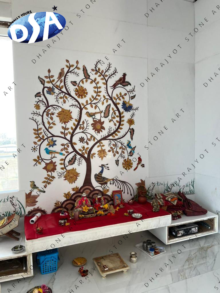 Inlay Flower Work Design Polished White Marble Mandir