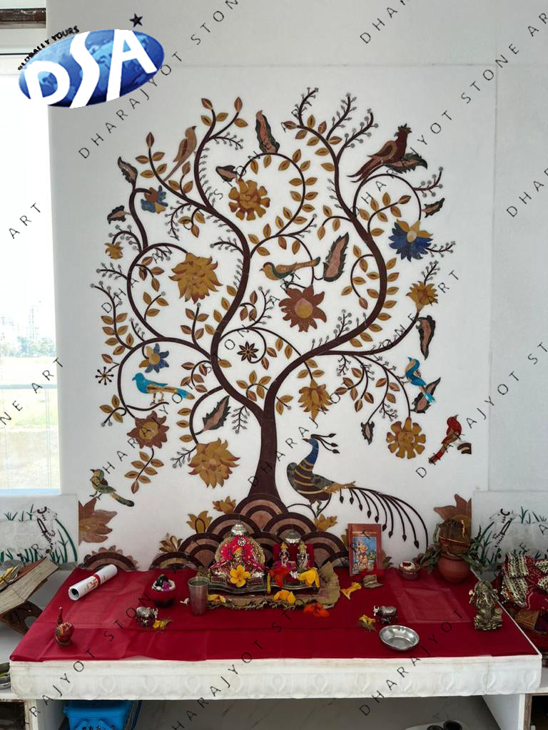 Inlay Flower Work Design Polished White Marble Mandir