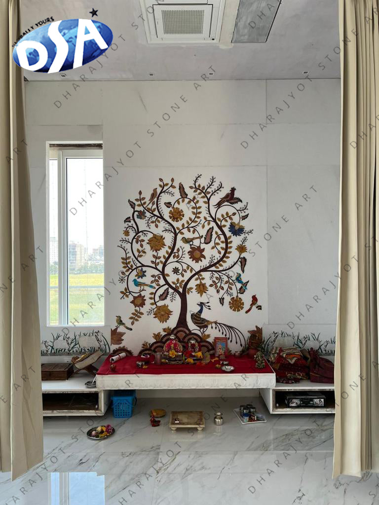 Inlay Flower Work Design Polished White Marble Mandir