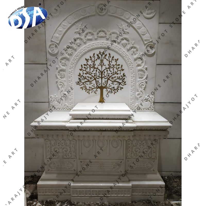 White Marble With Heavy Inlay Handmade Carved Temple