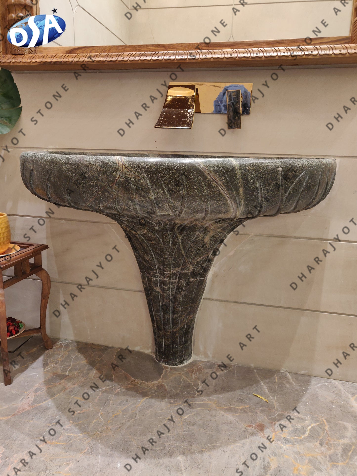 Bidasar Green Marble Washbasin for Powder Area